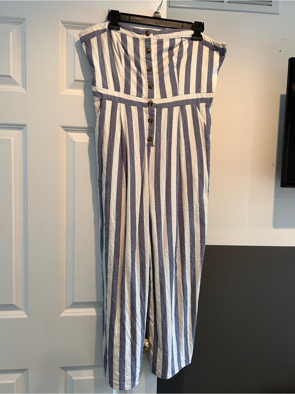 American Eagle Outfitters Strapless Vertical-Stripe Jumpsuit in Blue and White